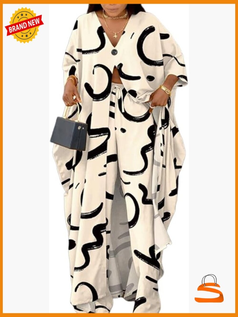 African 2 Piece Outfits Button V Neck Split Caftans Wide Leg Pants Set